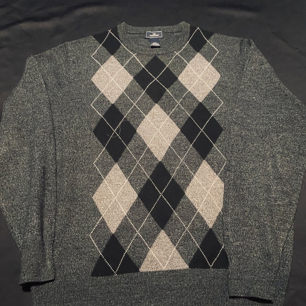 Dockers Mens Sweater Medium Gray Black Argyle Crew Neck Acrylic Knit